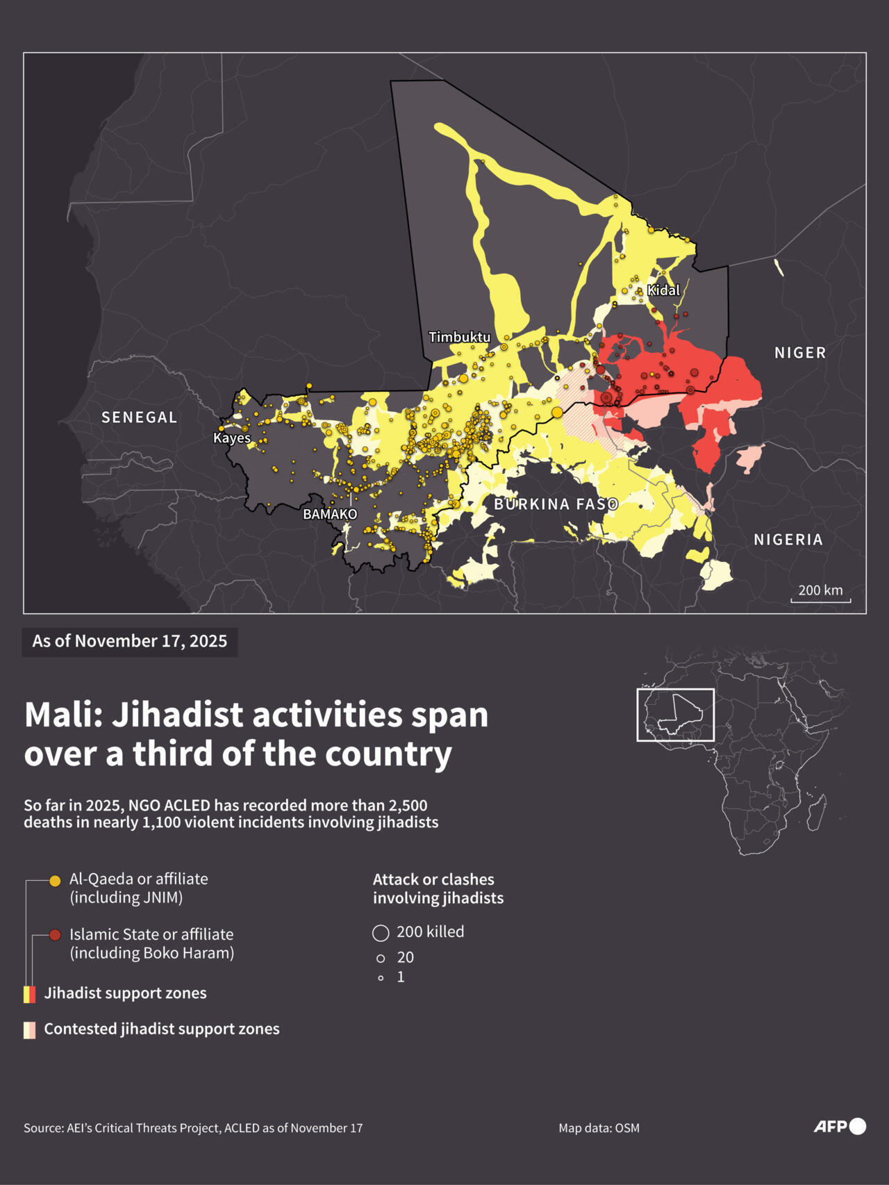 JNIM and AQIM operational zones in Mali and the Sahel, ACLED data