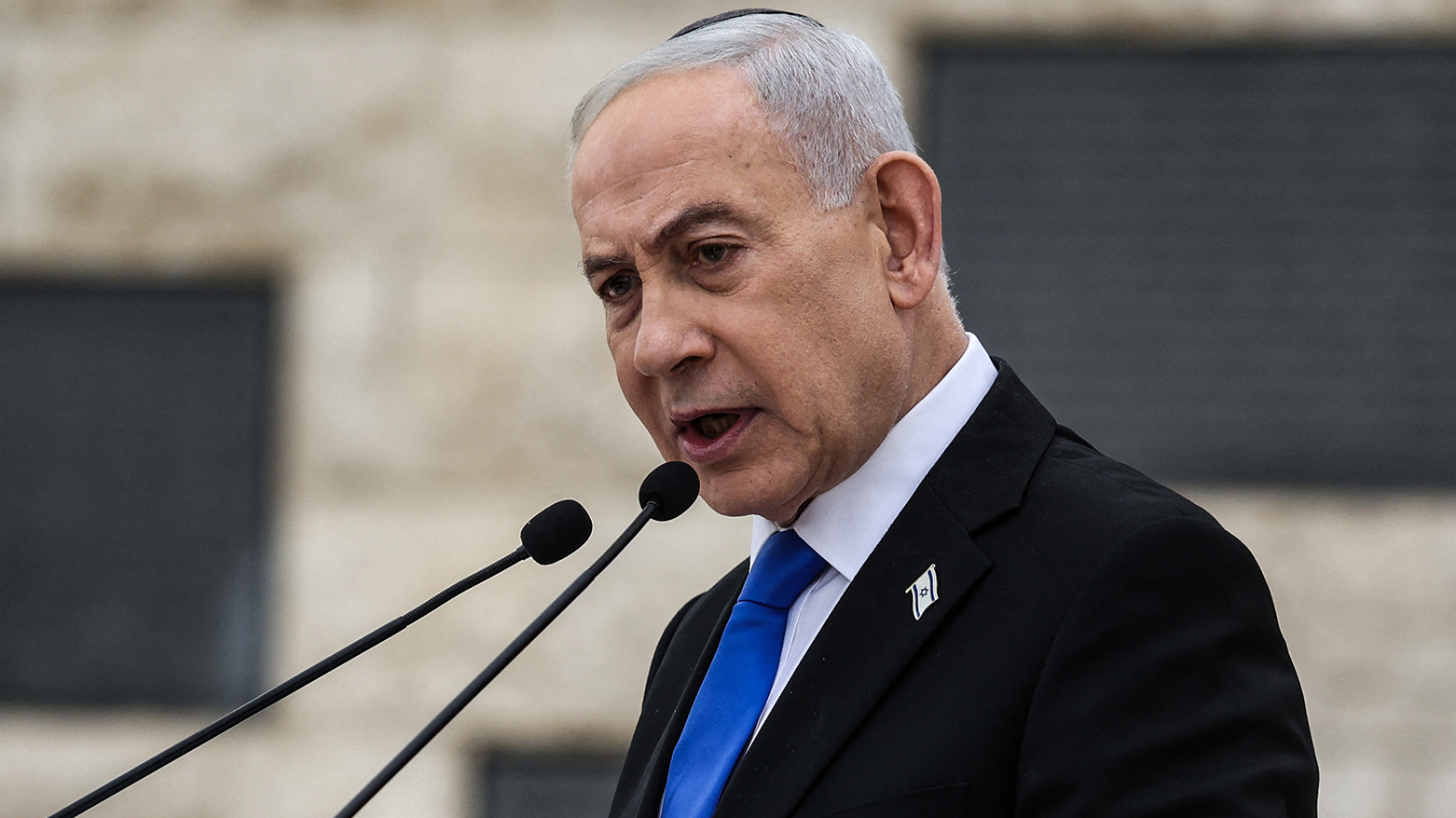 Israeli Prime Minister Benjamin Netanyahu speaks during a ceremony at Mount Herzl in Jerusalem, April 21 2026
