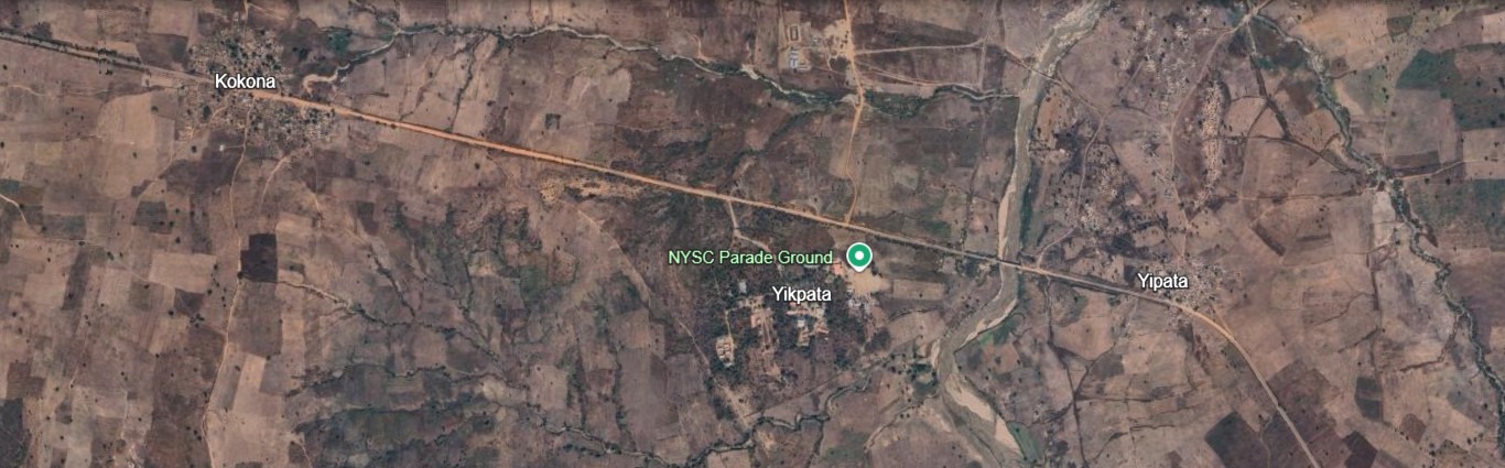 Google Earth satellite view of Yikpata NYSC camp Kwara State Nigeria — overview showing NCCF Chapel, Camp Mosque and Yikpata River. Imagery 03/12/2024