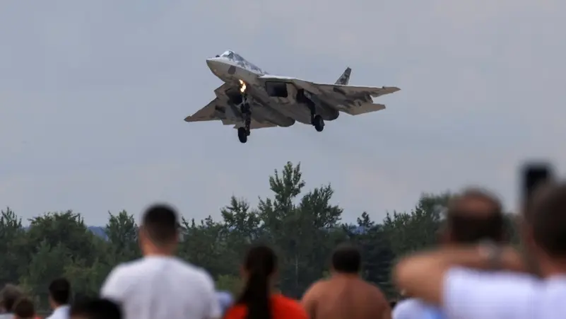 Su-57 at MAKS-2021 airshow showing forward fuselage, canopy, and engine nozzle arrangement, Zhukovsky Russia, 2021, Wikimedia Commons