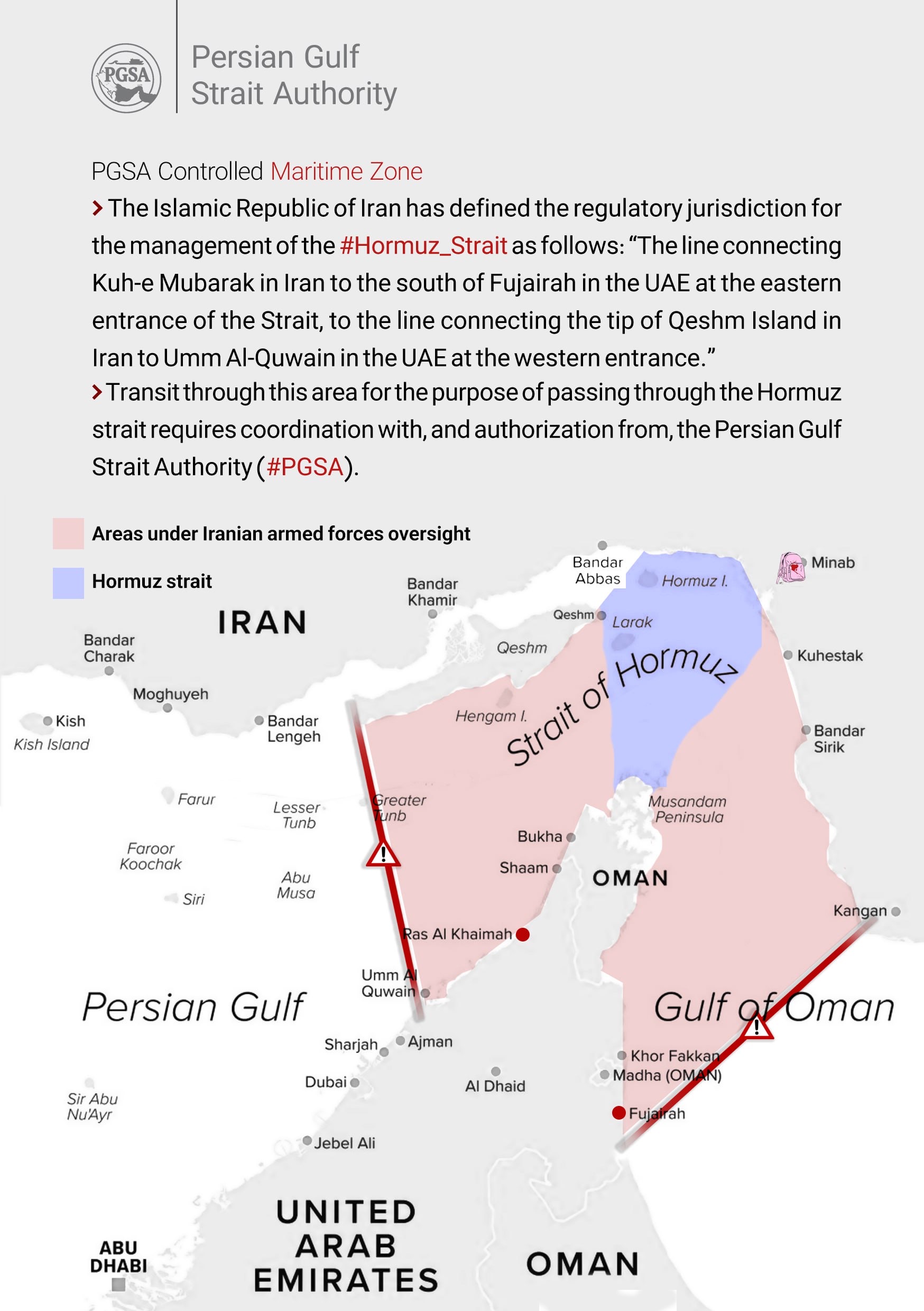 Official PGSA Persian Gulf Strait Authority graphic published by @PGSA_IRAN on X, 18 May 2026, showing the two-zone colour coded management area for the Strait of Hormuz including areas under Iranian armed forces oversight in pink and the Hormuz strait zone in blue