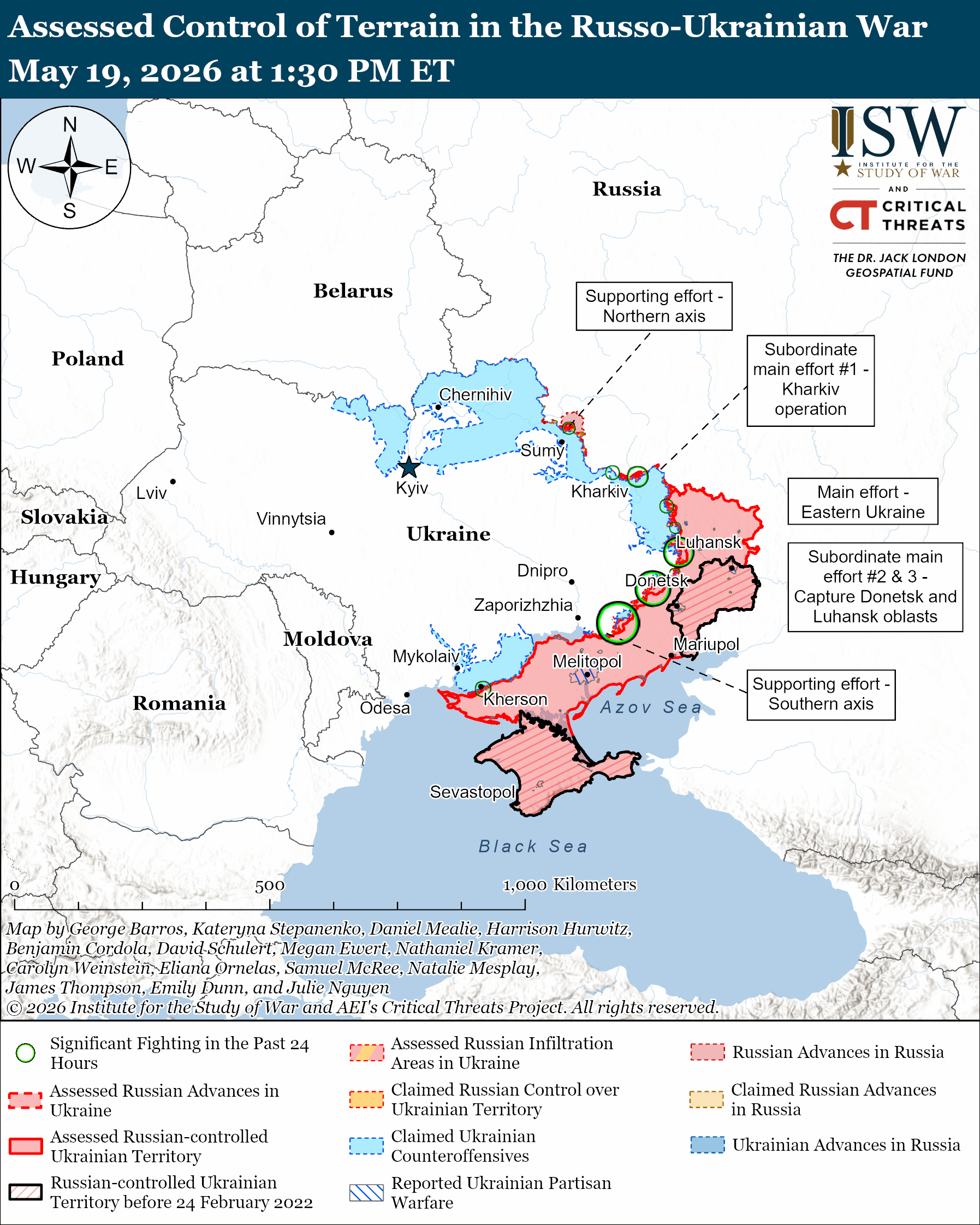 ISW assessed control of terrain map, Russo-Ukrainian War, 19 May 2026 at 1:30 PM ET, showing Russian advances in eastern Ukraine, significant fighting circles in northern Kharkiv Oblast, and Ukrainian counteroffensive positions