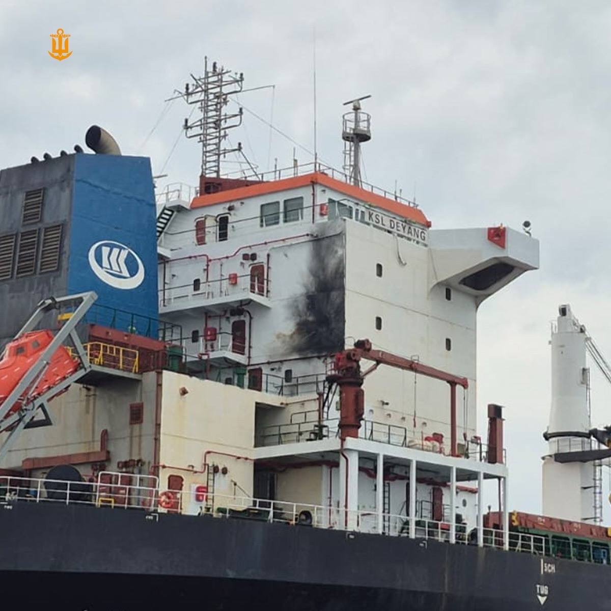 KSL Deyang bulk carrier showing black scorch damage on bridge superstructure after Russian Shahed drone strike, Black Sea near Odesa, Ukraine, 18 May 2026. Photo: Ukrainian Navy official Telegram channel.