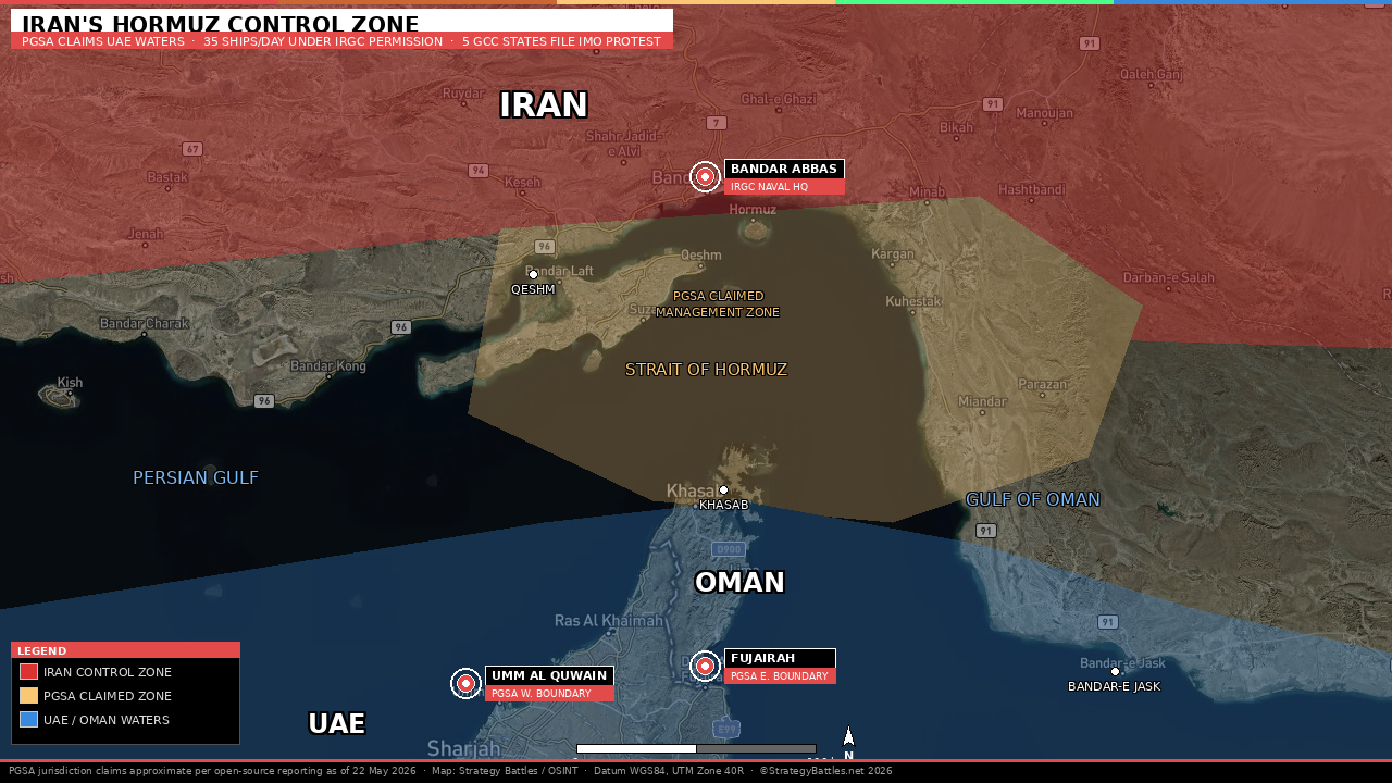 Map of the Strait of Hormuz showing Iran control zone in red, PGSA claimed management zone in amber extending into UAE waters, and UAE and Oman southern waters in blue. Bandar Abbas IRGC Naval HQ, Fujairah and Umm al Quwain PGSA boundary markers indicated. Strategy Battles / OSINT, 22 May 2026.