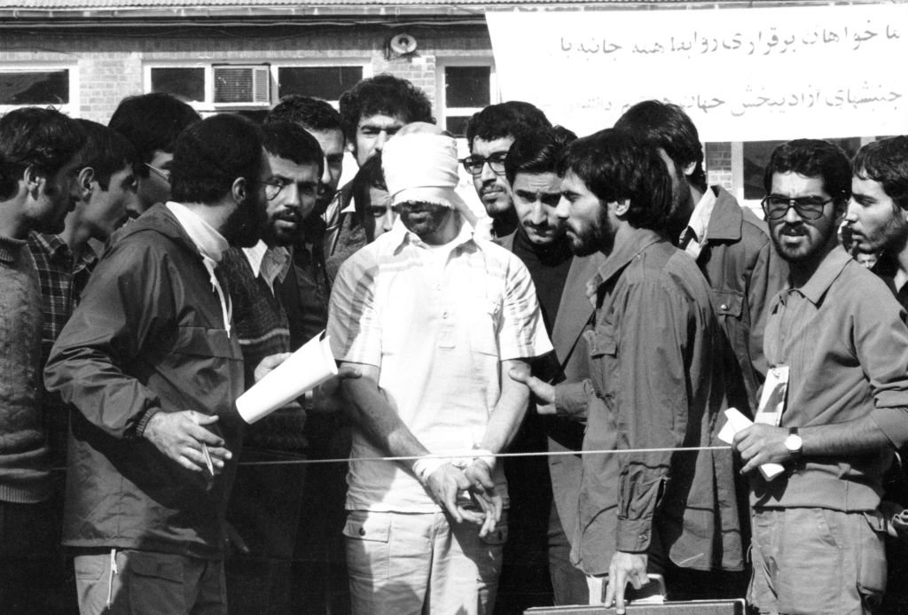 American hostages blindfolded at the US Embassy in Tehran, November 1979