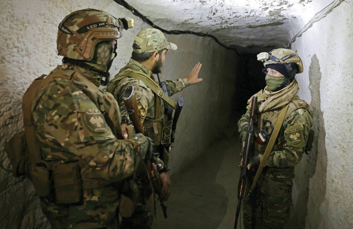 Syrian army soldiers inspect a cross-border tunnel on the Syrian-Lebanese border near Al Qusayr, Homs province, Syria, April 2026, AFP