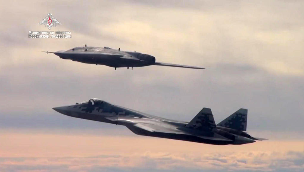 S-70 Okhotnik-B UCAV alongside Su-57 in formation flight, September 2019, Russian MoD imagery released via state media