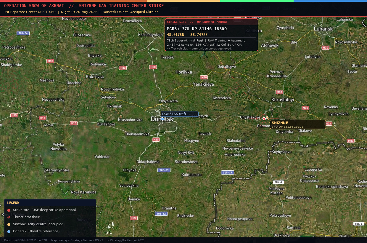 Satellite map of the Ukrainian USF strike on the Russian UAV training and assembly complex near the Udarnik mine, Snizhne, occupied Donetsk Oblast, 19 to 20 May 2026, with MGRS overlays, Strategy Battles