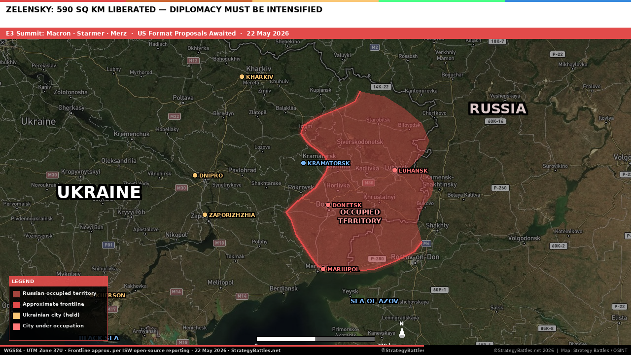 Map of Ukraine showing approximate frontline as of May 2026, Kyiv reference point, and active diplomatic theatres. Strategy Battles / OSINT.